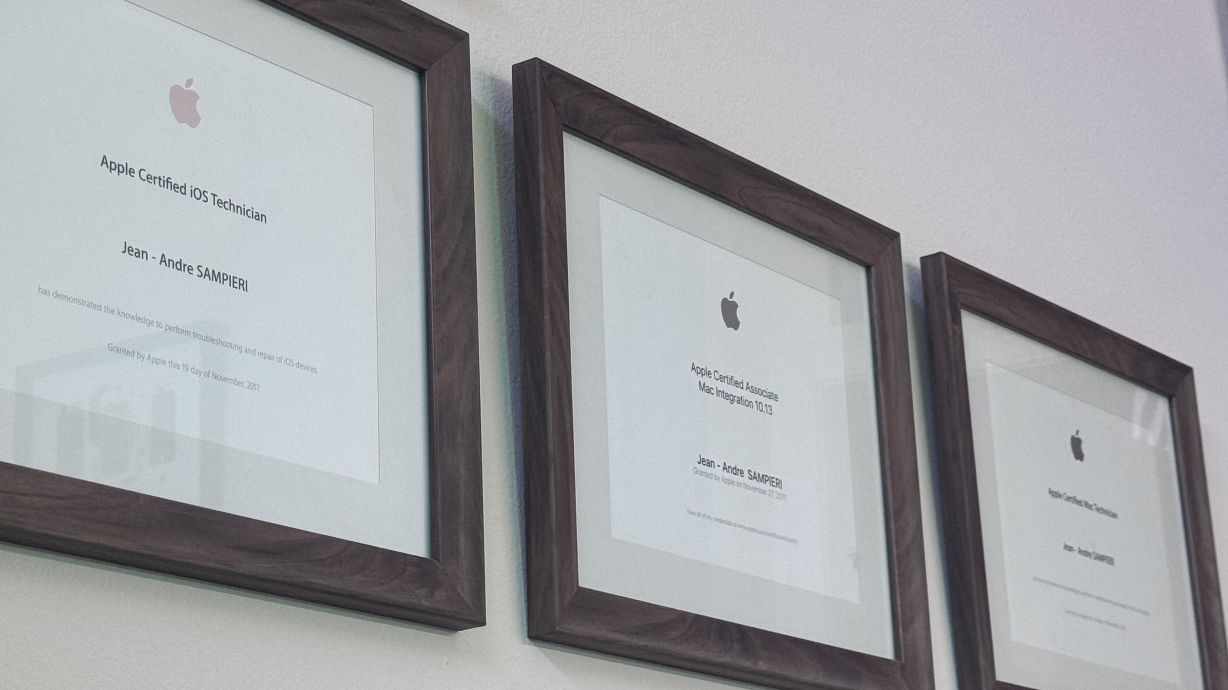 Apple certification certificates: ACMT, Apple Certified iOS Technician, and Apple Certified Associate Mac Integration issued to Jean-Andre Sampieri