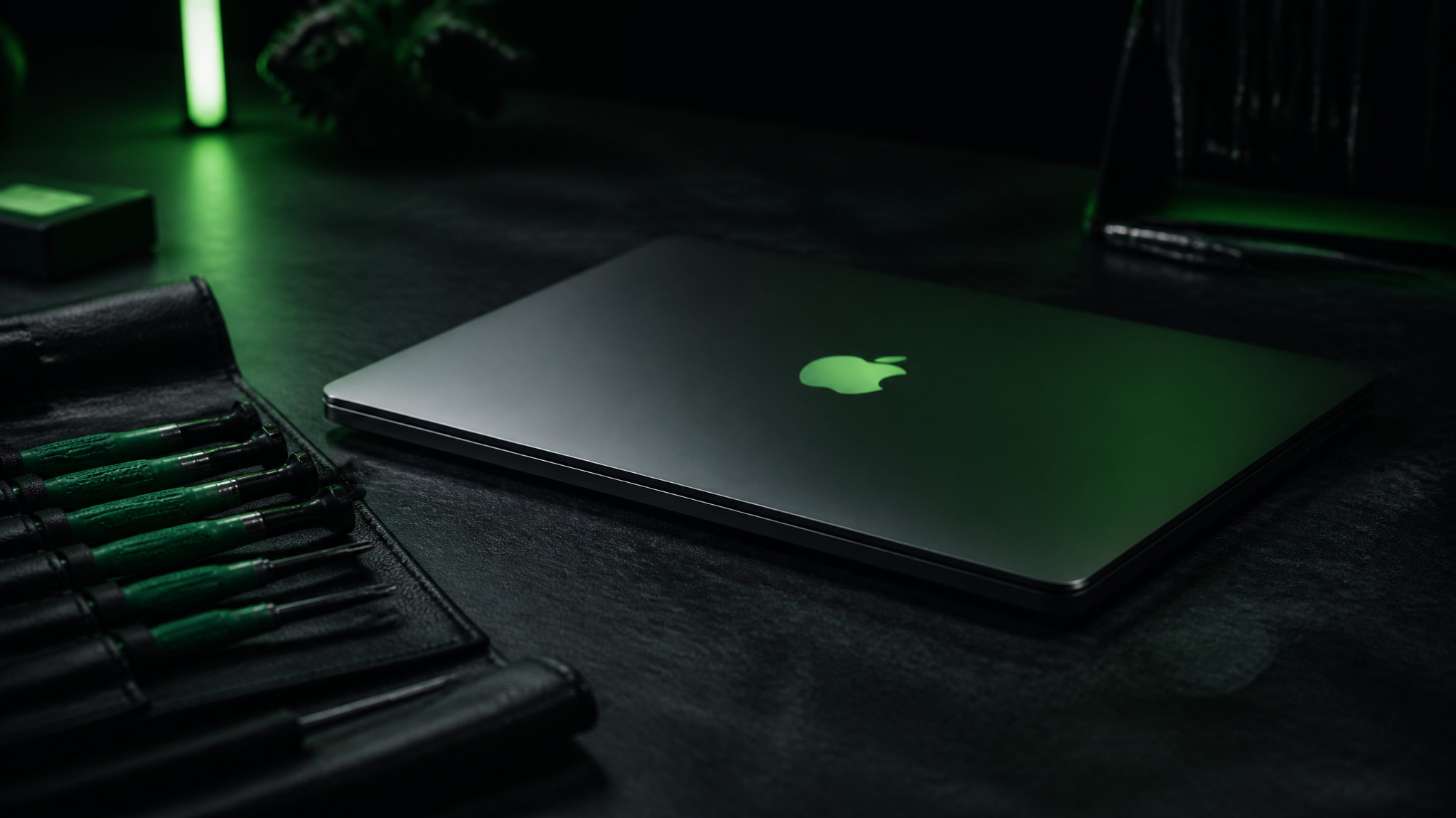 MacBook Pro at dramatic angle with Apple logo lit by green accent and green Wiha screwdrivers in leather roll