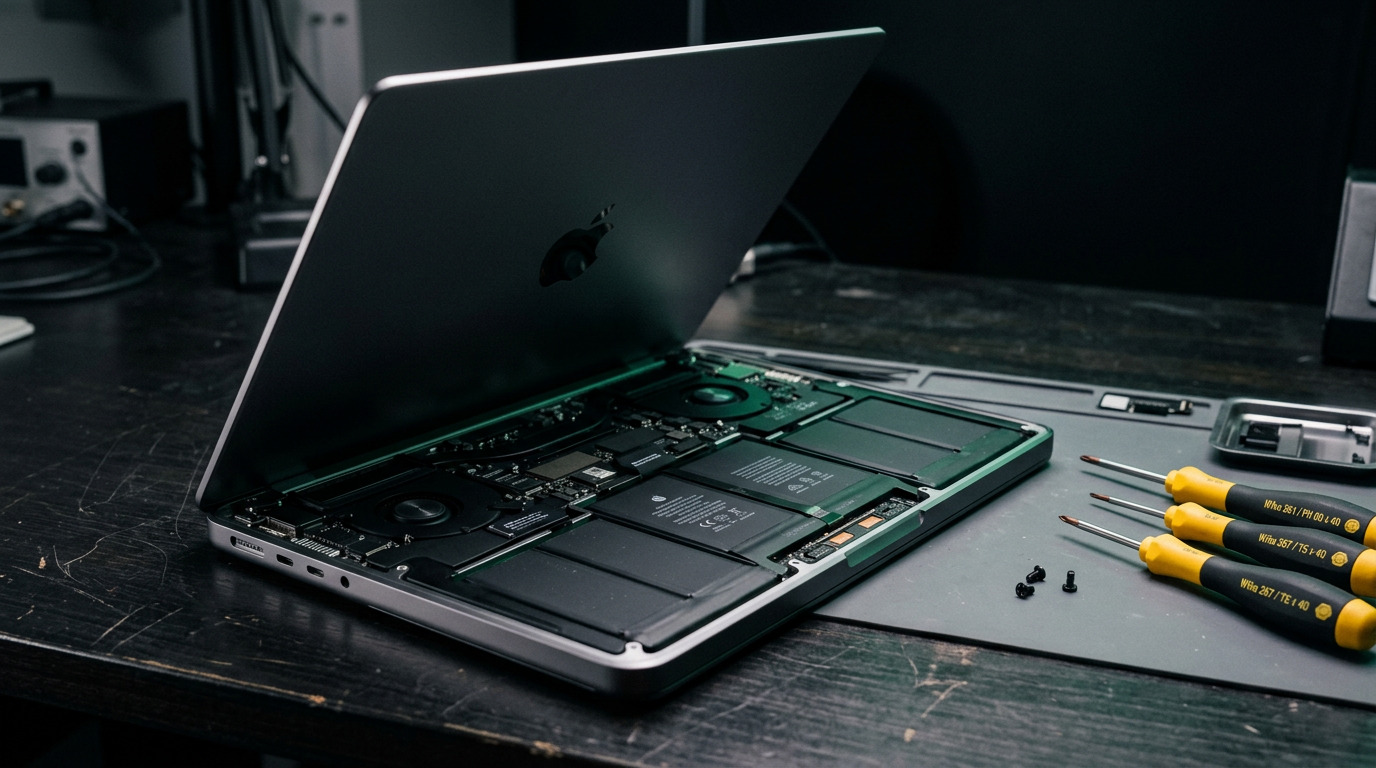 MacBook Pro with bottom panel removed showing battery compartment and yellow Wiha precision tools