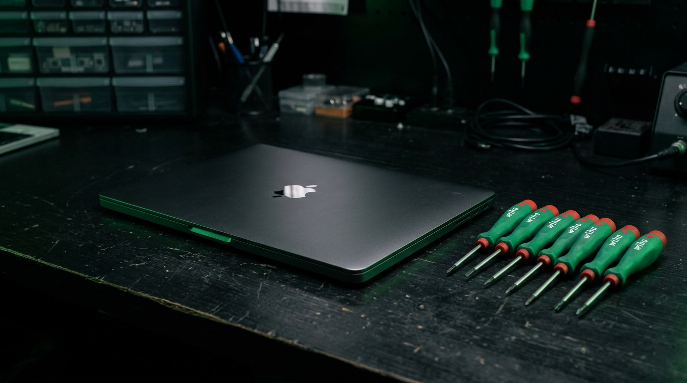 MacBook Pro with Apple logo prominent on dark bench beside a row of green Wiha precision screwdrivers