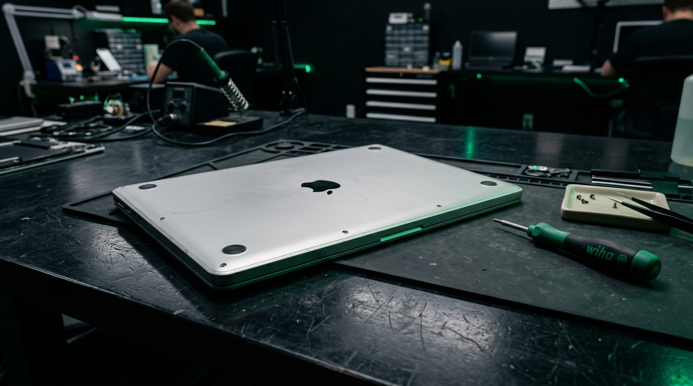 MacBook Pro flipped showing the bottom case with Apple logo visible and green Wiha pentalobe screwdriver