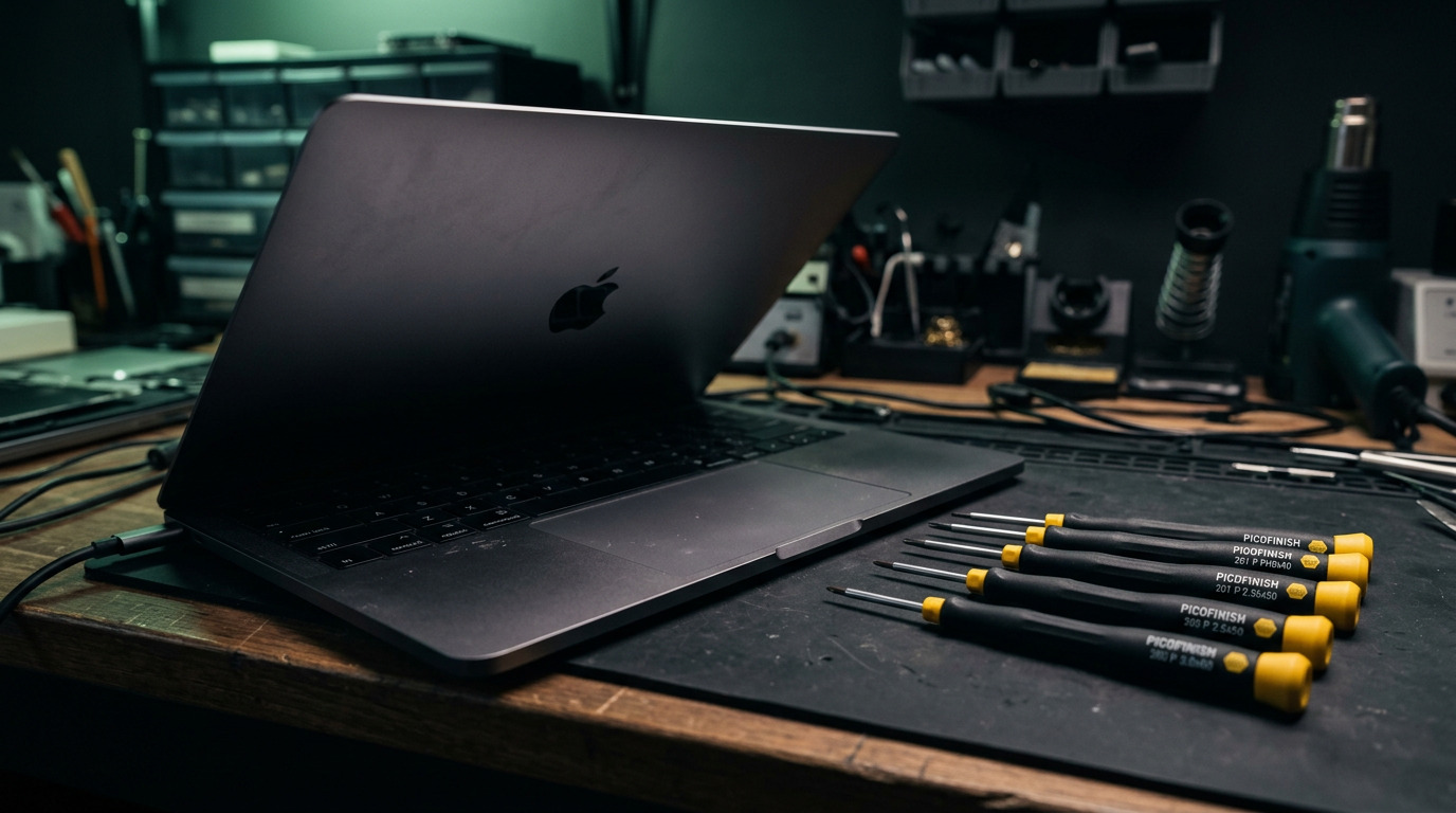 MacBook Pro at angle showing trackpad and palmrest area with yellow Wiha precision tools on dark workbench