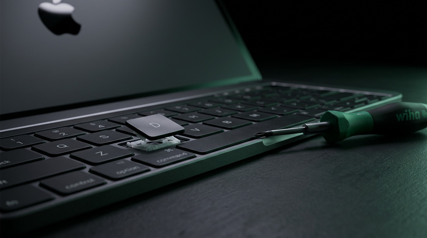 Close-up of a MacBook Pro butterfly keyboard with a keycap raised showing the mechanism underneath