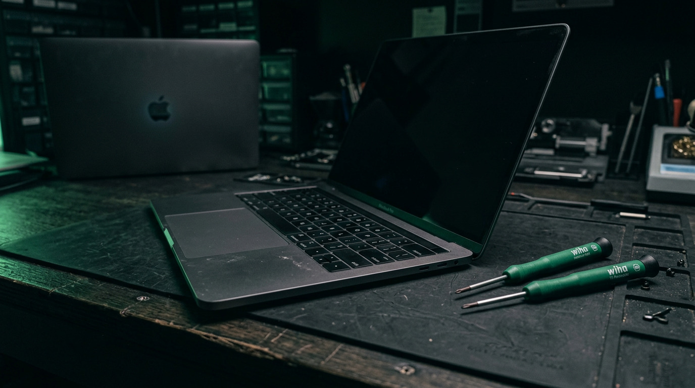 MacBook Pro with butterfly keyboard open on repair bench with green Wiha precision screwdrivers