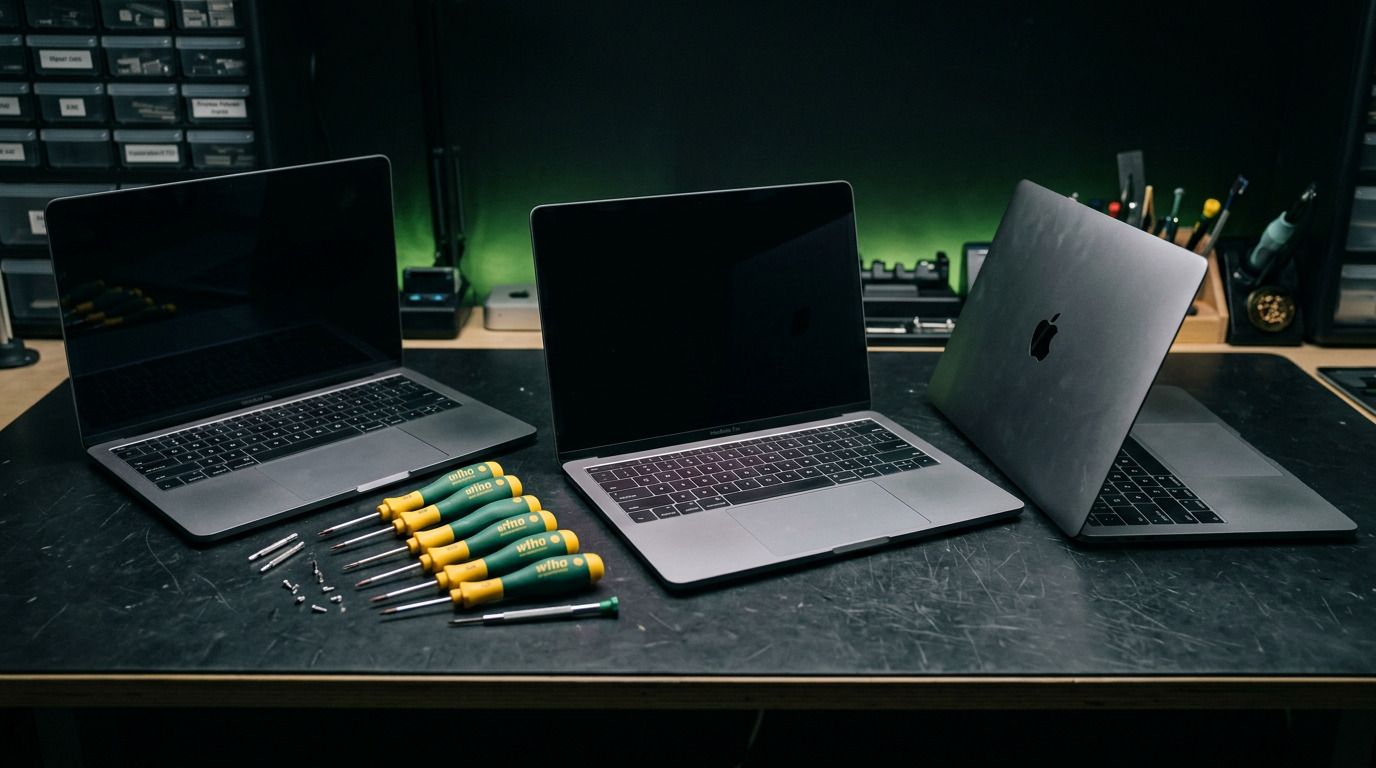 Multiple MacBook Pro models from the butterfly keyboard era arranged on a dark repair workbench