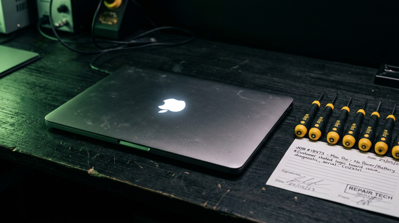 MacBook Pro closed with Apple logo visible beside yellow Wiha precision screwdrivers and a service receipt