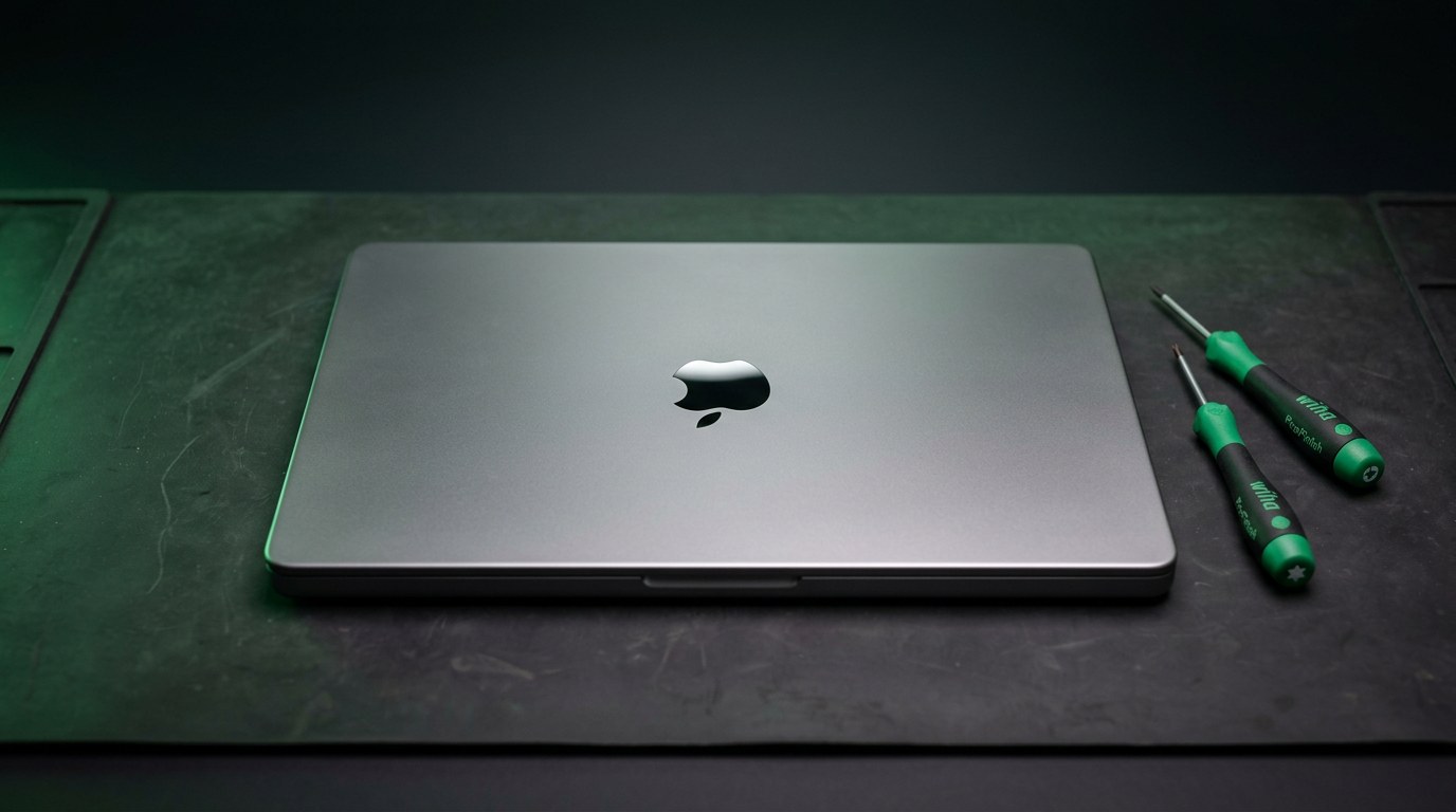 Closed space gray Apple MacBook Pro with visible Apple logo on a dark charcoal repair bench beside green handled precision screwdrivers