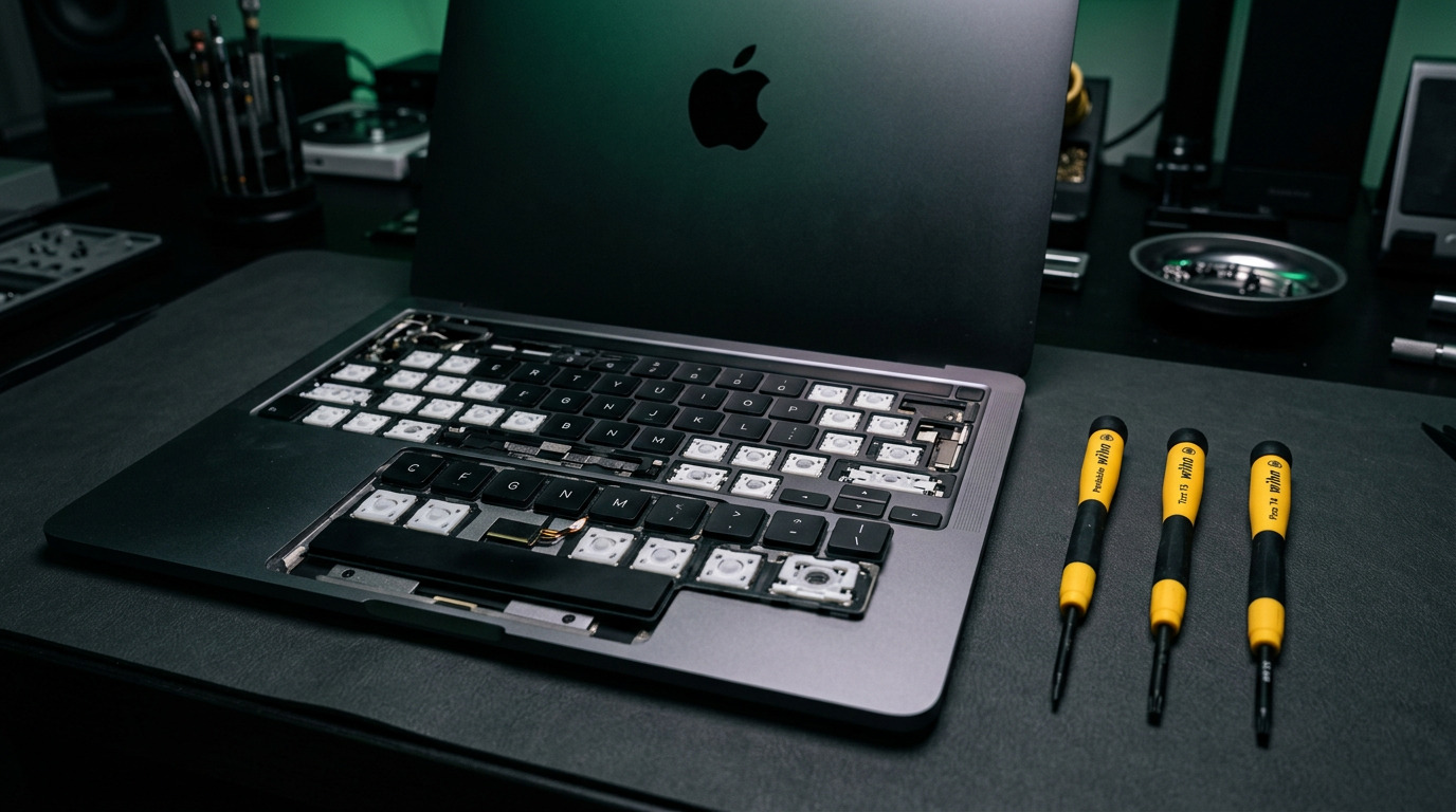 MacBook Pro open showing top case and keyboard assembly with yellow Wiha precision drivers laid beside it