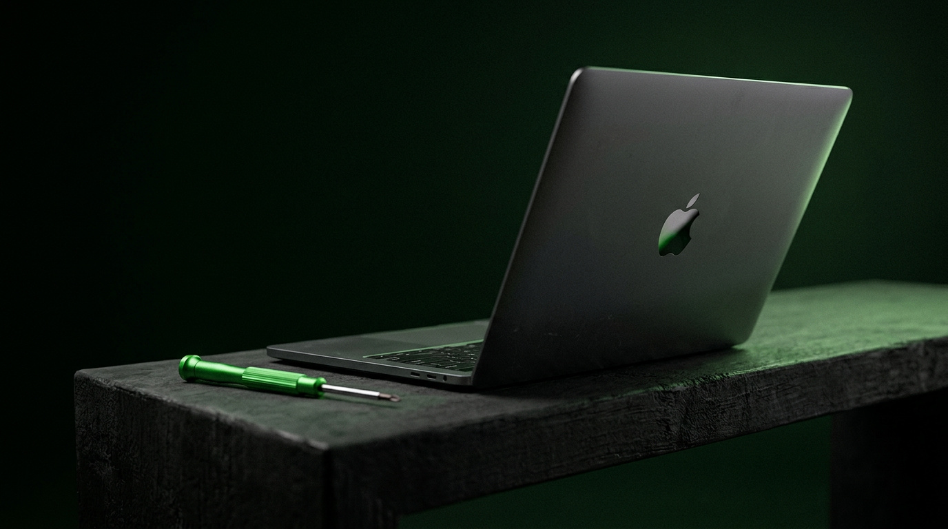 Close-up of a MacBook Pro butterfly keyboard showing the ultra-thin key caps with green accent lighting