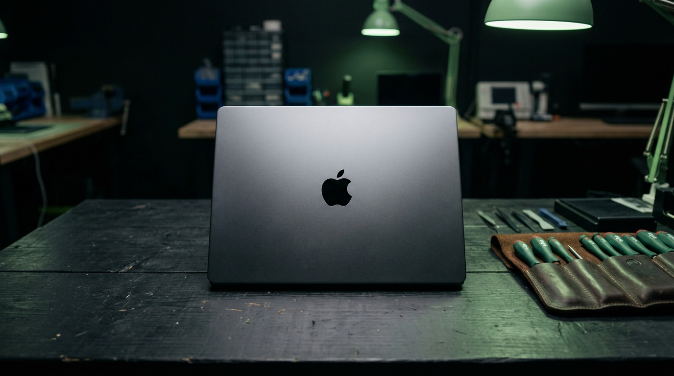 MacBook Pro closed with Apple logo centered on dark bench beside green Wiha precision driver set