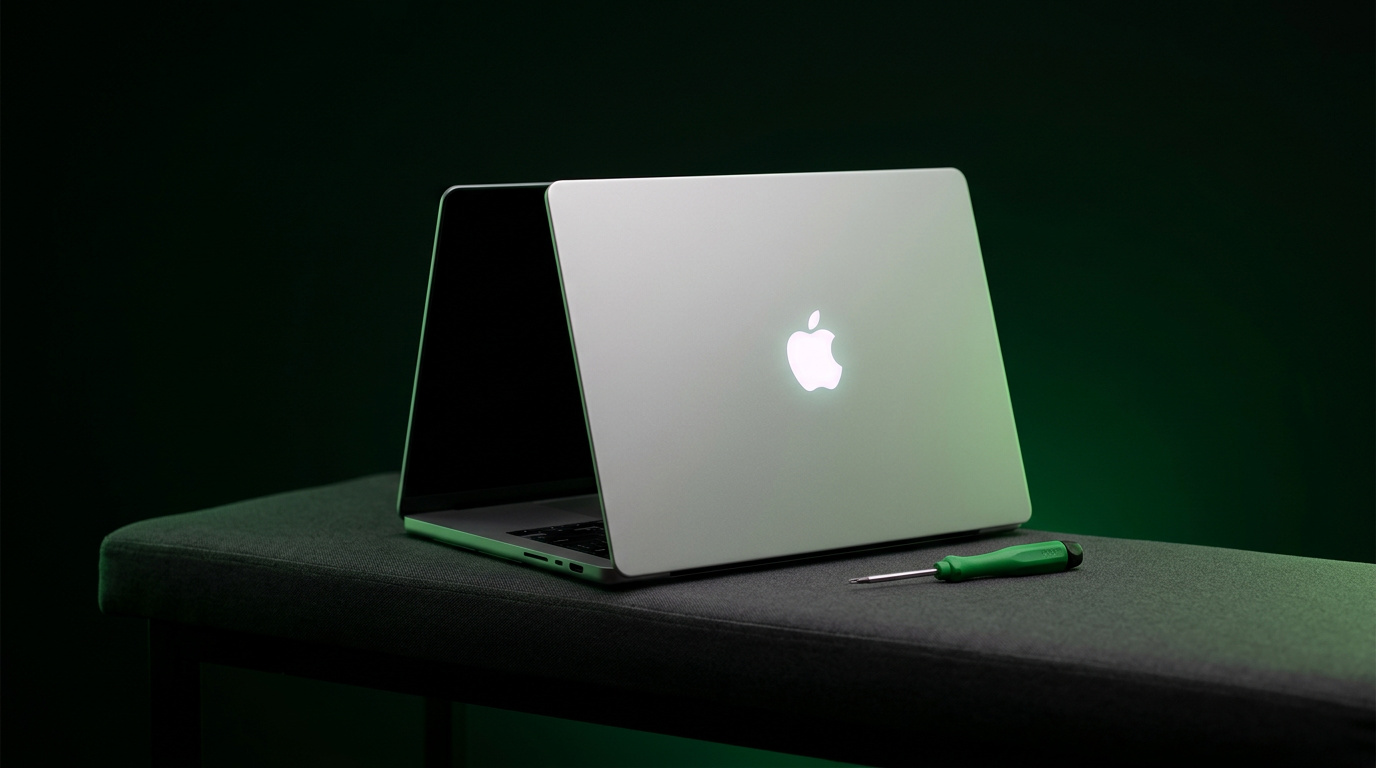 MacBook Pro connected to an external display for GPU failure diagnostics on a dark repair bench