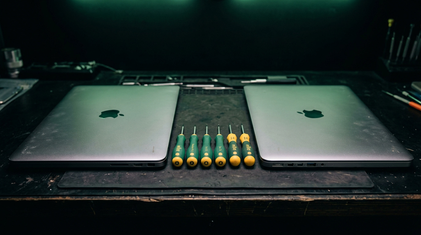 Two MacBook Pro 15-inch models side by side on dark bench with green and yellow Wiha precision drivers