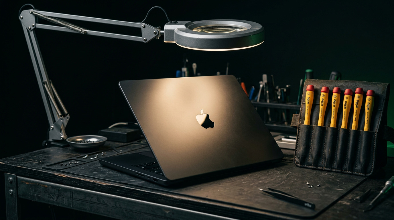 MacBook Pro under a magnifying lamp with yellow Wiha precision screwdrivers in a holder beside it