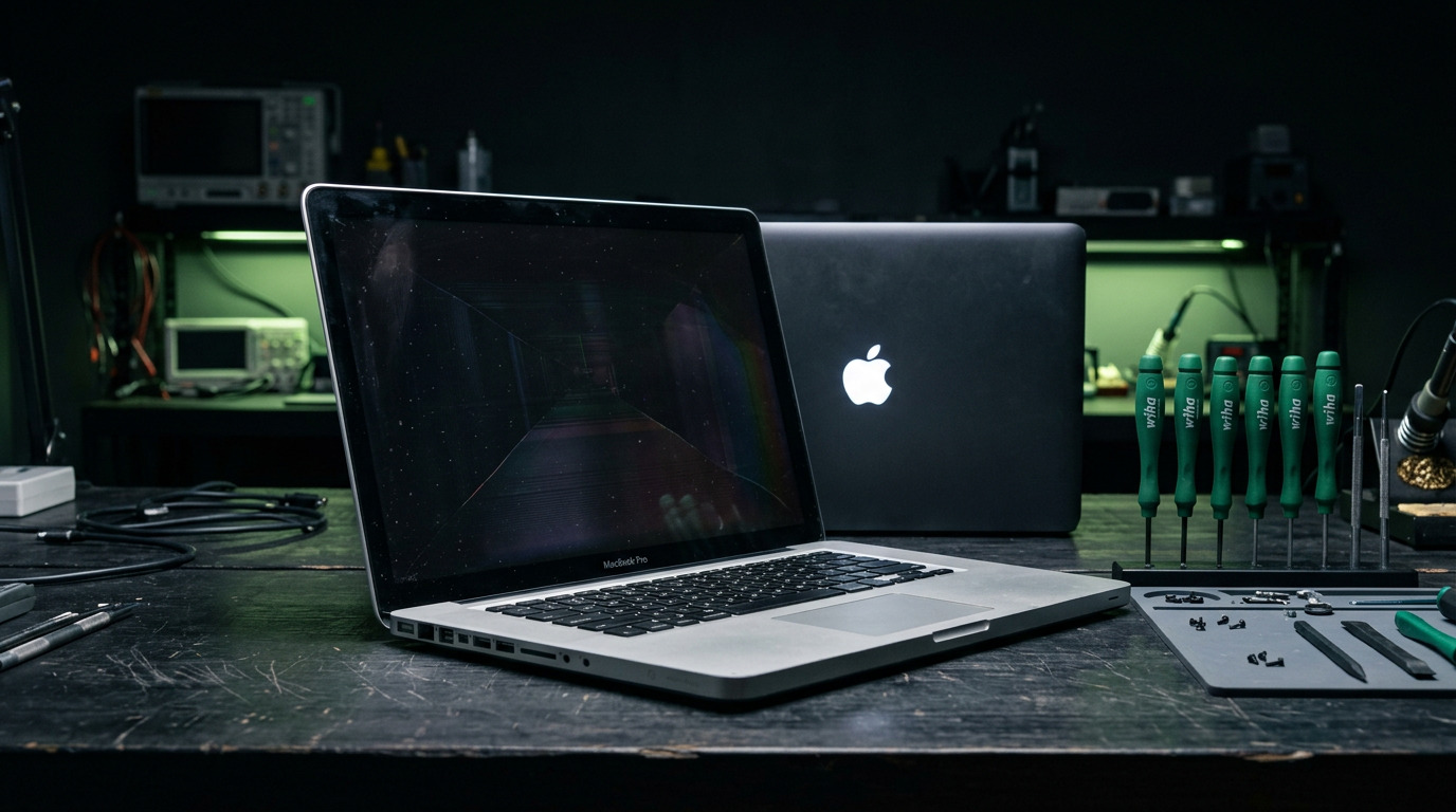 MacBook Pro 15-inch with display and Apple logo visible on dark repair bench with green Wiha tools