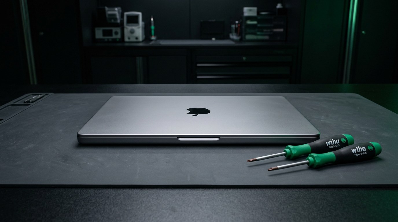 Closed space gray Apple MacBook Pro with visible Apple logo on a dark charcoal repair bench beside green handled precision screwdrivers