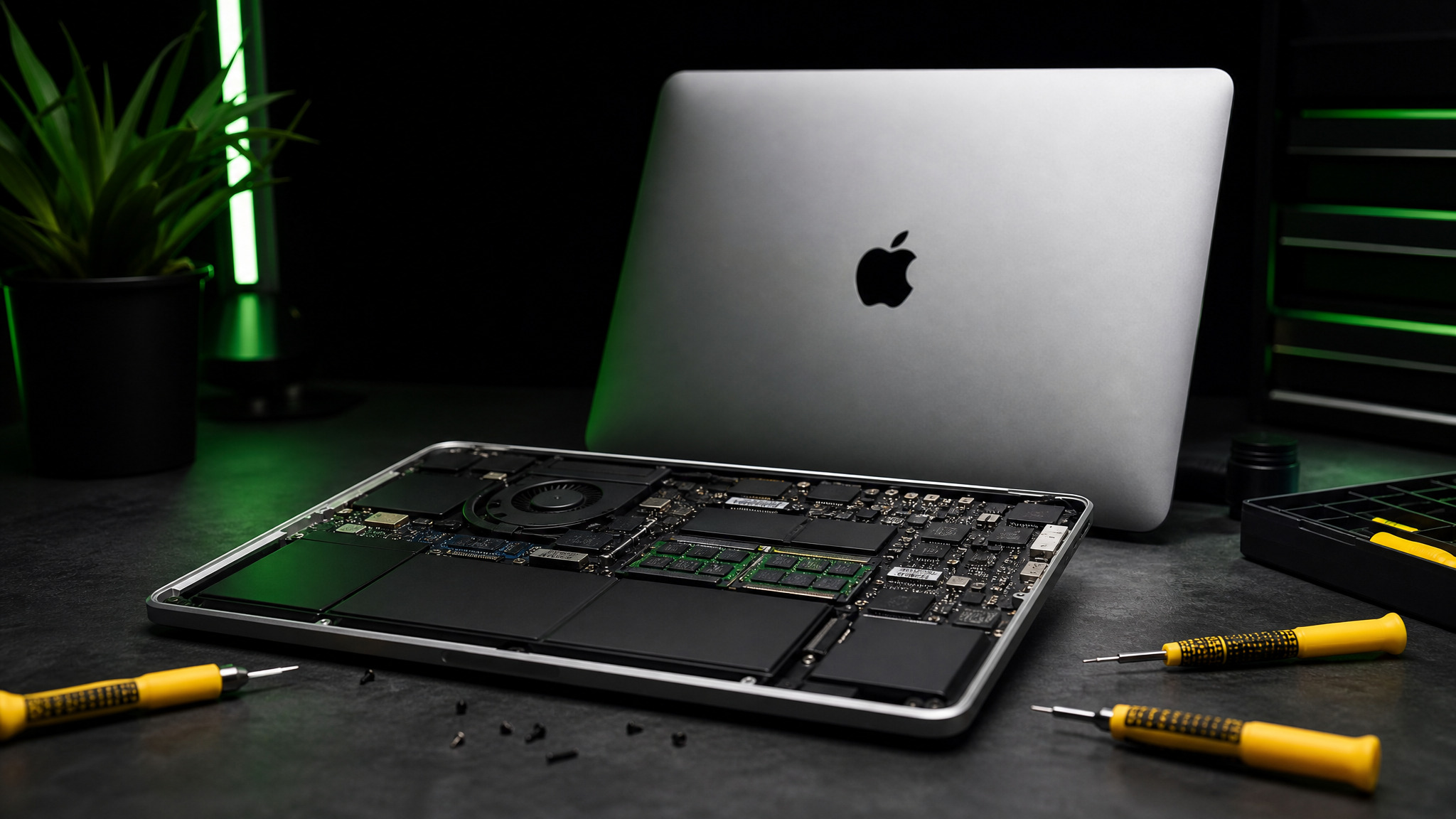 MacBook Pro with bottom panel removed showing RAM slots and Apple logo on propped lid with yellow Wiha drivers
