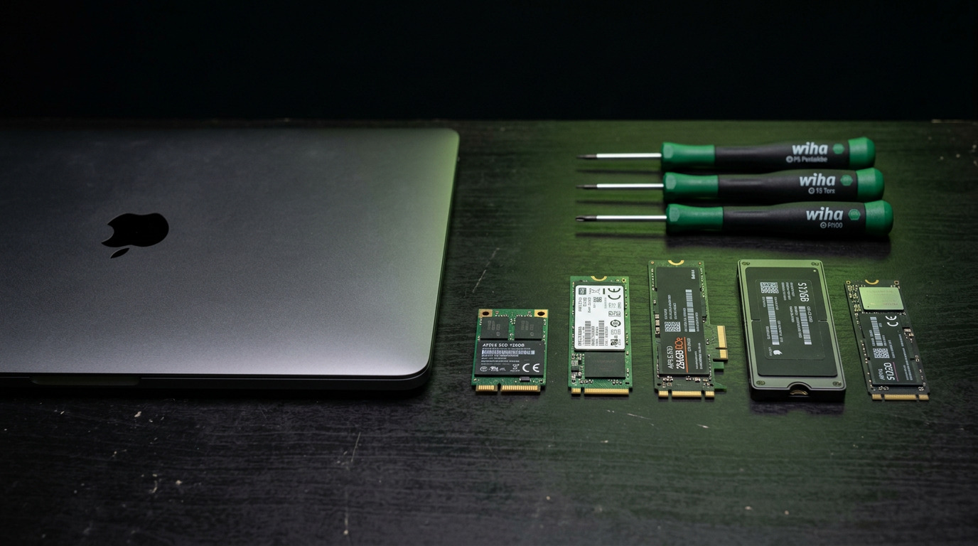 Different generations of Apple SSD storage modules laid out beside a MacBook Pro with green Wiha tools