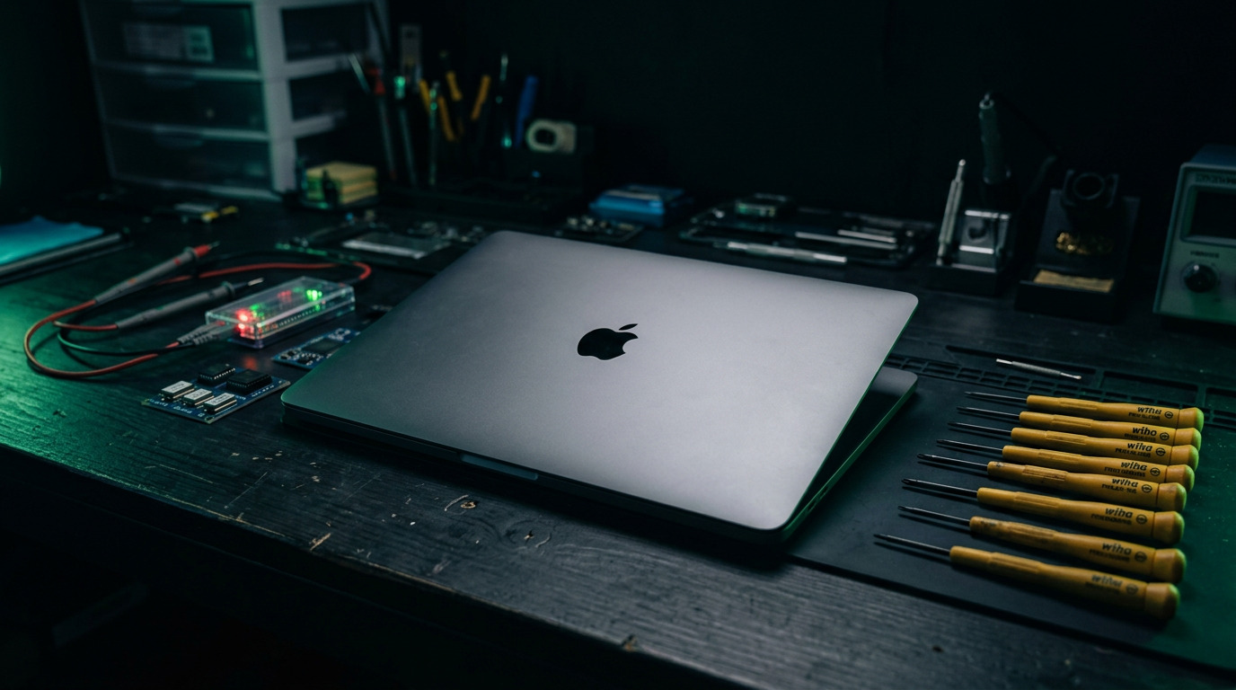MacBook Pro at angle on dark bench with Apple logo visible and yellow Wiha precision screwdrivers arranged