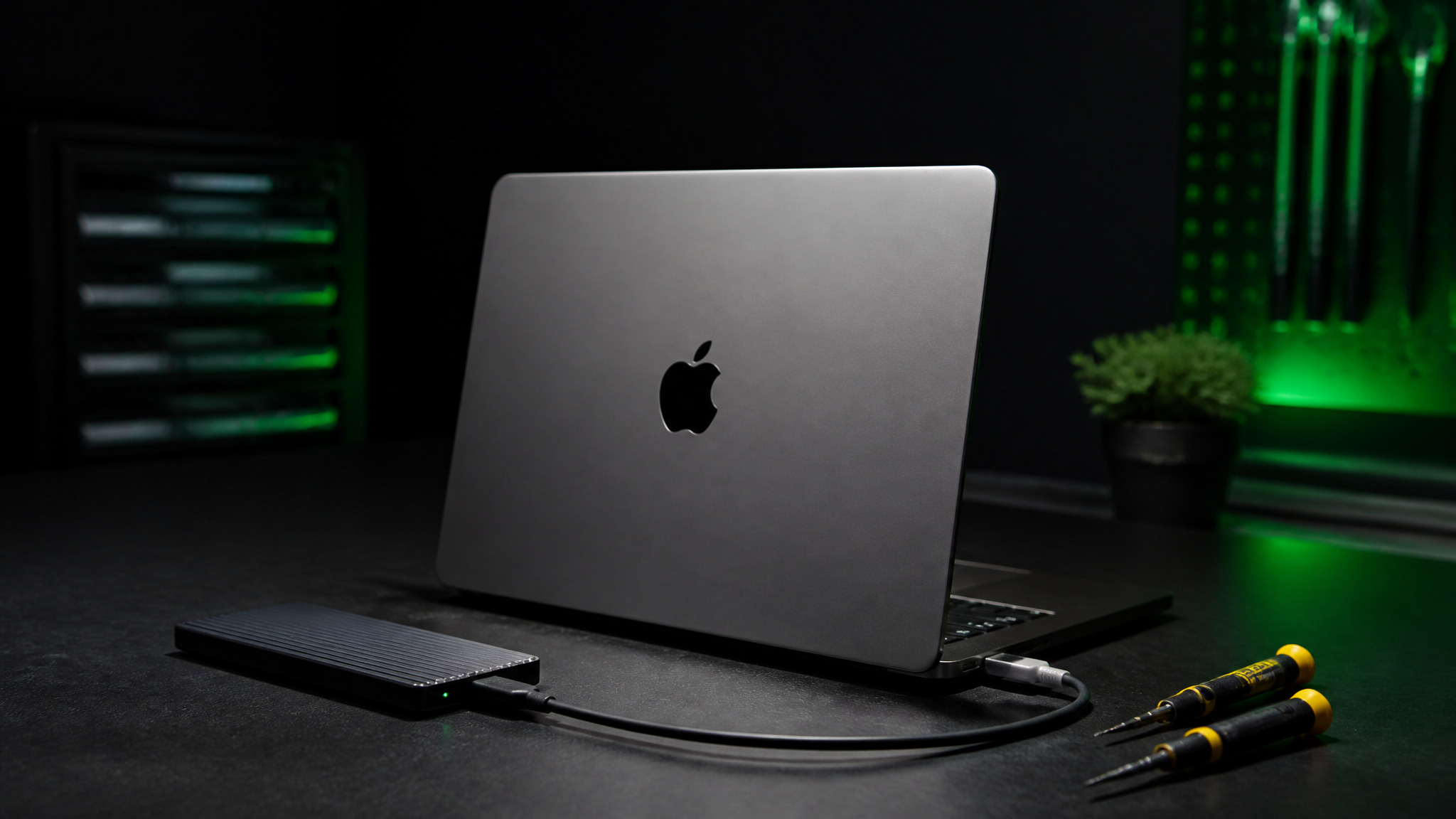 MacBook Pro connected to external USB-C drive on dark bench with yellow Wiha tools