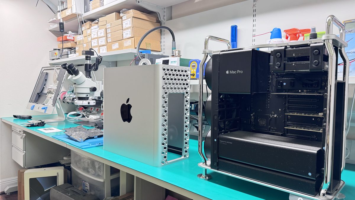 A 2019 Mac Pro and Mac mini on the WarriorMac repair bench, both 2018-2020 Intel Macs that use the T2 chip