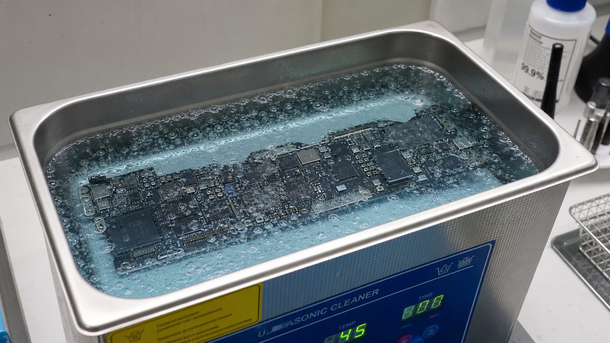 A MacBook logic board submerged in an ultrasonic cleaning bath during professional liquid damage recovery