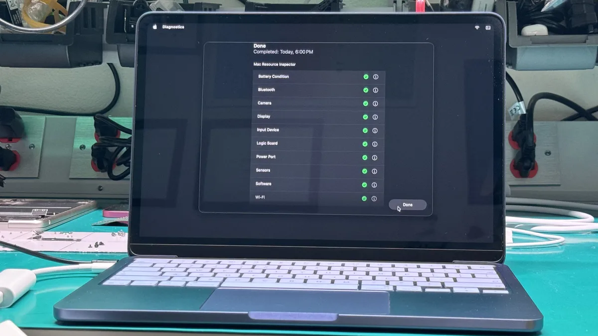 Apple Diagnostics results screen showing every Mac hardware component passing its check