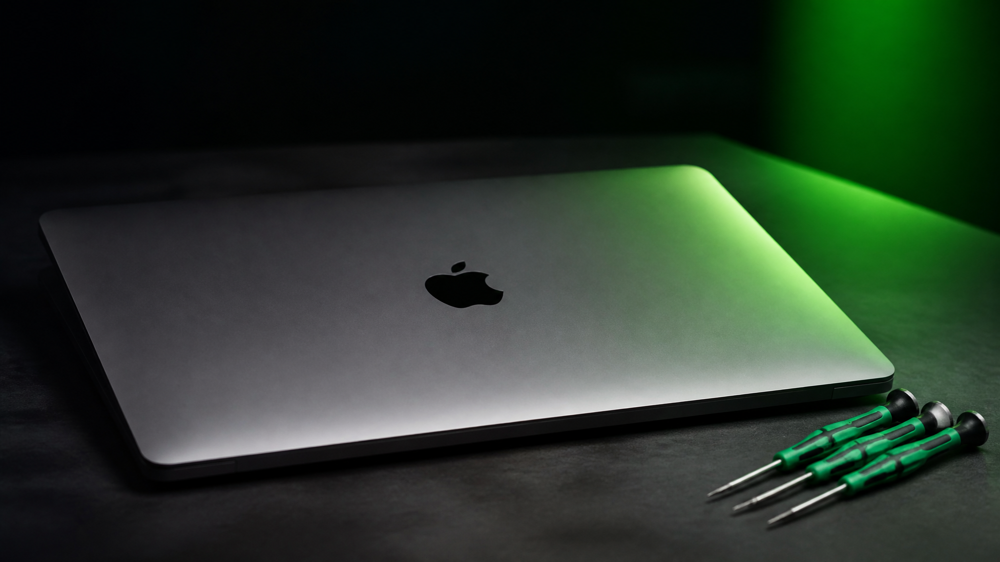 MacBook Pro on the WarriorMac Tampa bench with precision tools, ready for Mac data recovery