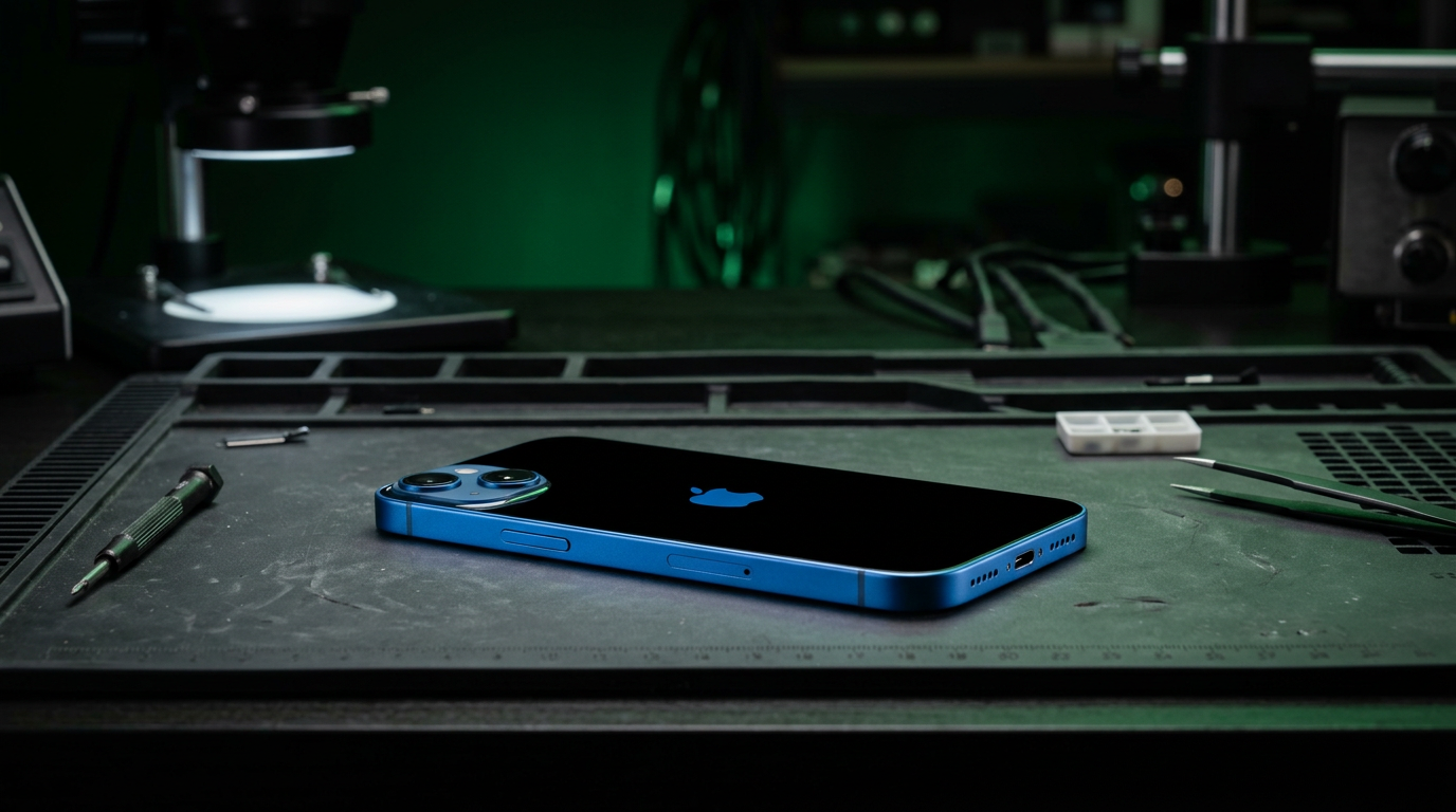 iPhone 15 on a WarriorMac repair bench in Tampa