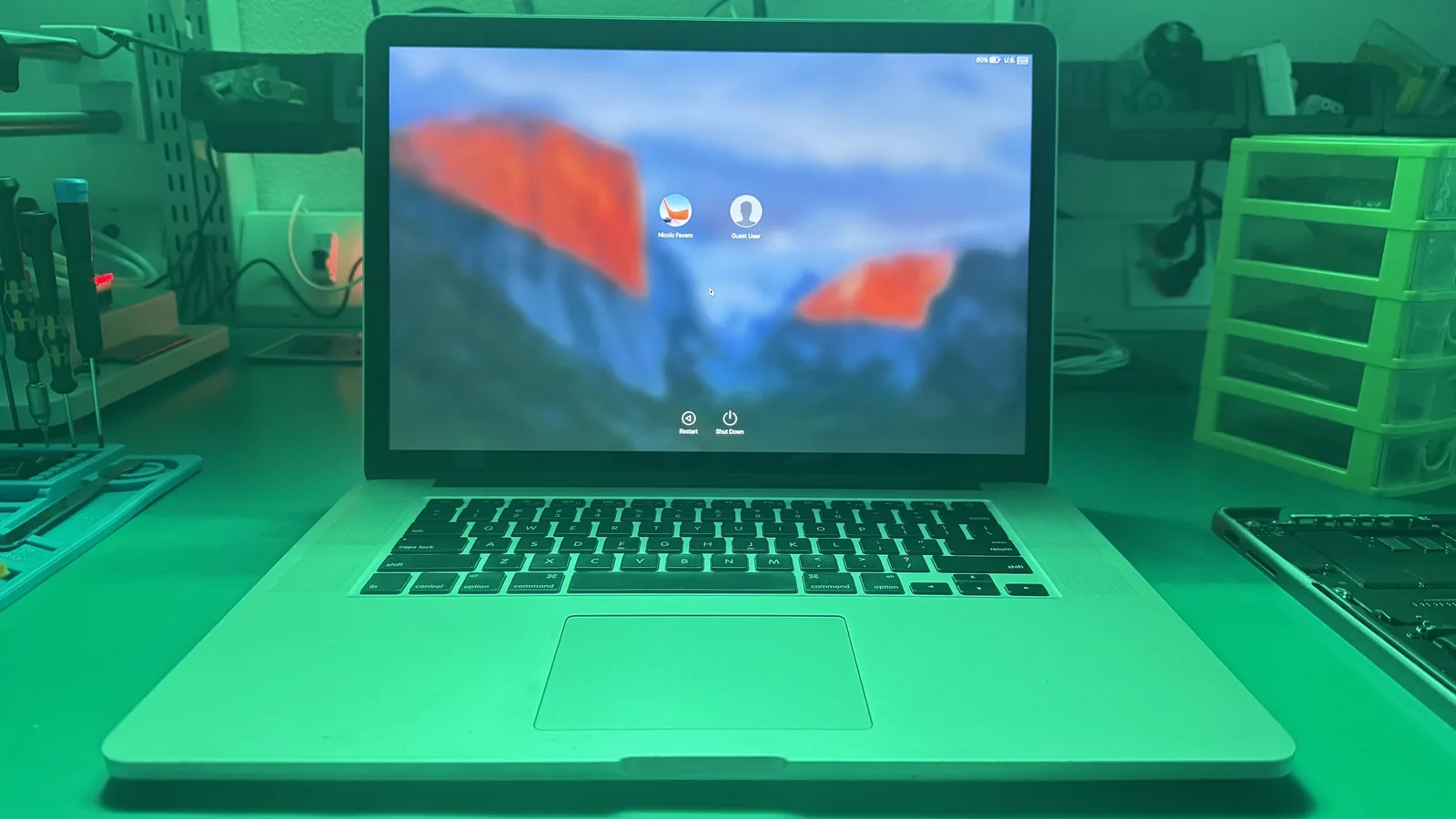 MacBook Pro 15-inch Retina A1398 open on a WarriorMac repair bench