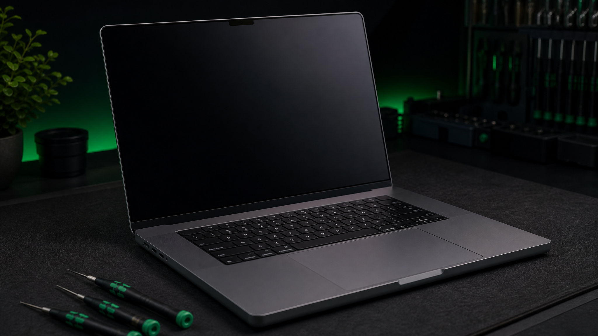 MacBook Pro M4 on a WarriorMac repair bench in Tampa