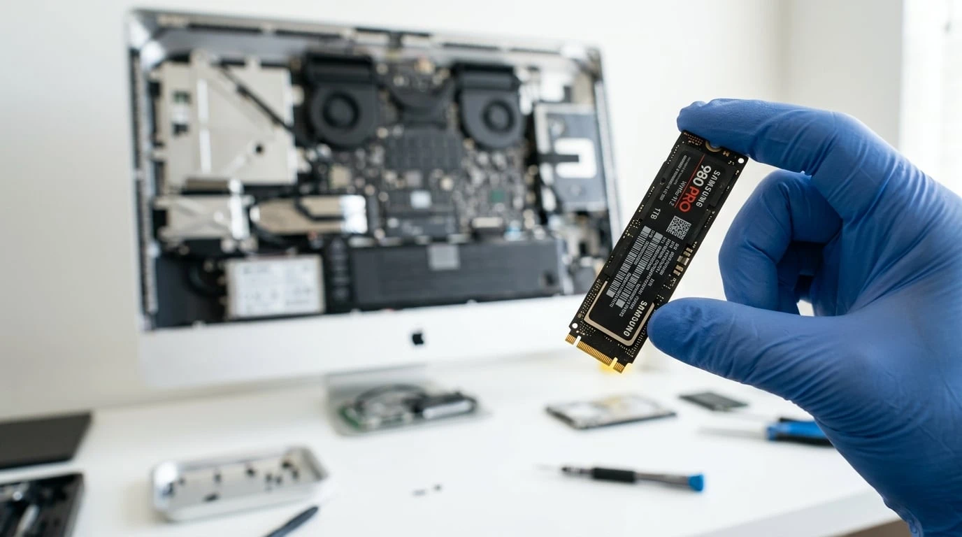 SSD upgrade being installed in an iMac at WarriorMac Tampa