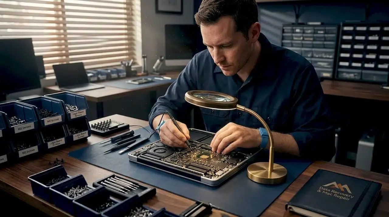 Technician performing Mac data recovery diagnostics with specialized tools at WarriorMac Tampa