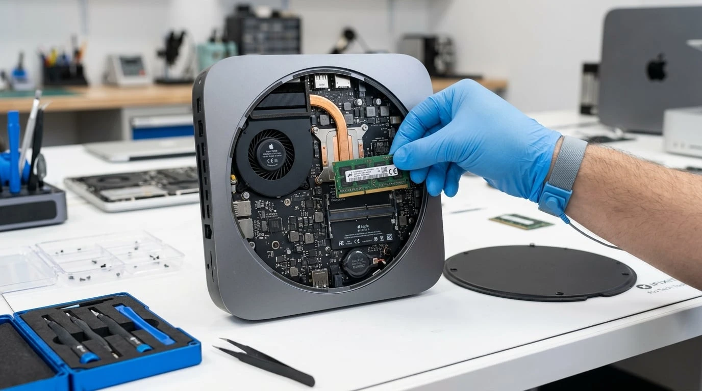 Mac Mini opened for SSD and RAM upgrade at WarriorMac Tampa