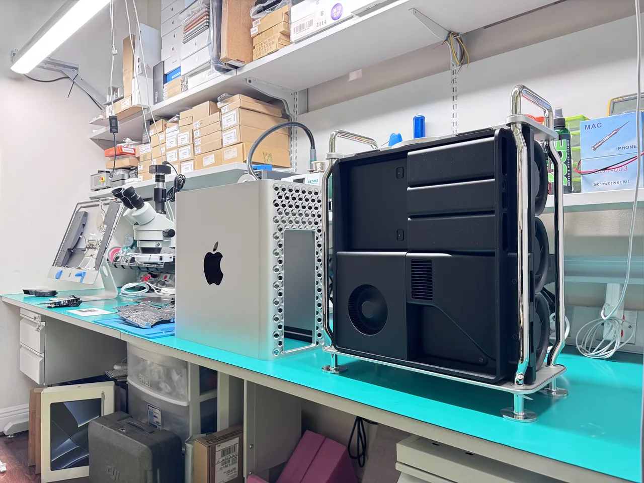 Apple Mac Pro tower opened for GPU diagnostics and component repair at WarriorMac Tampa workshop