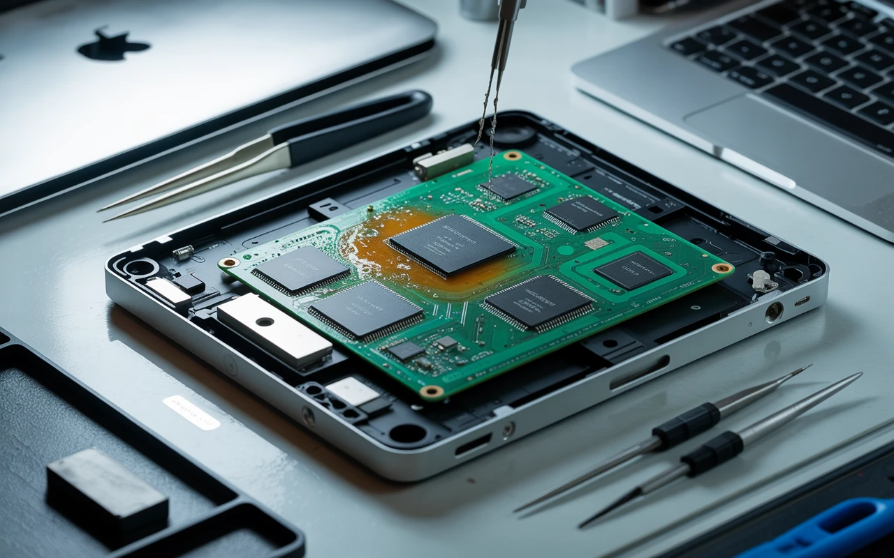 MacBook Pro logic board with water damage being repaired